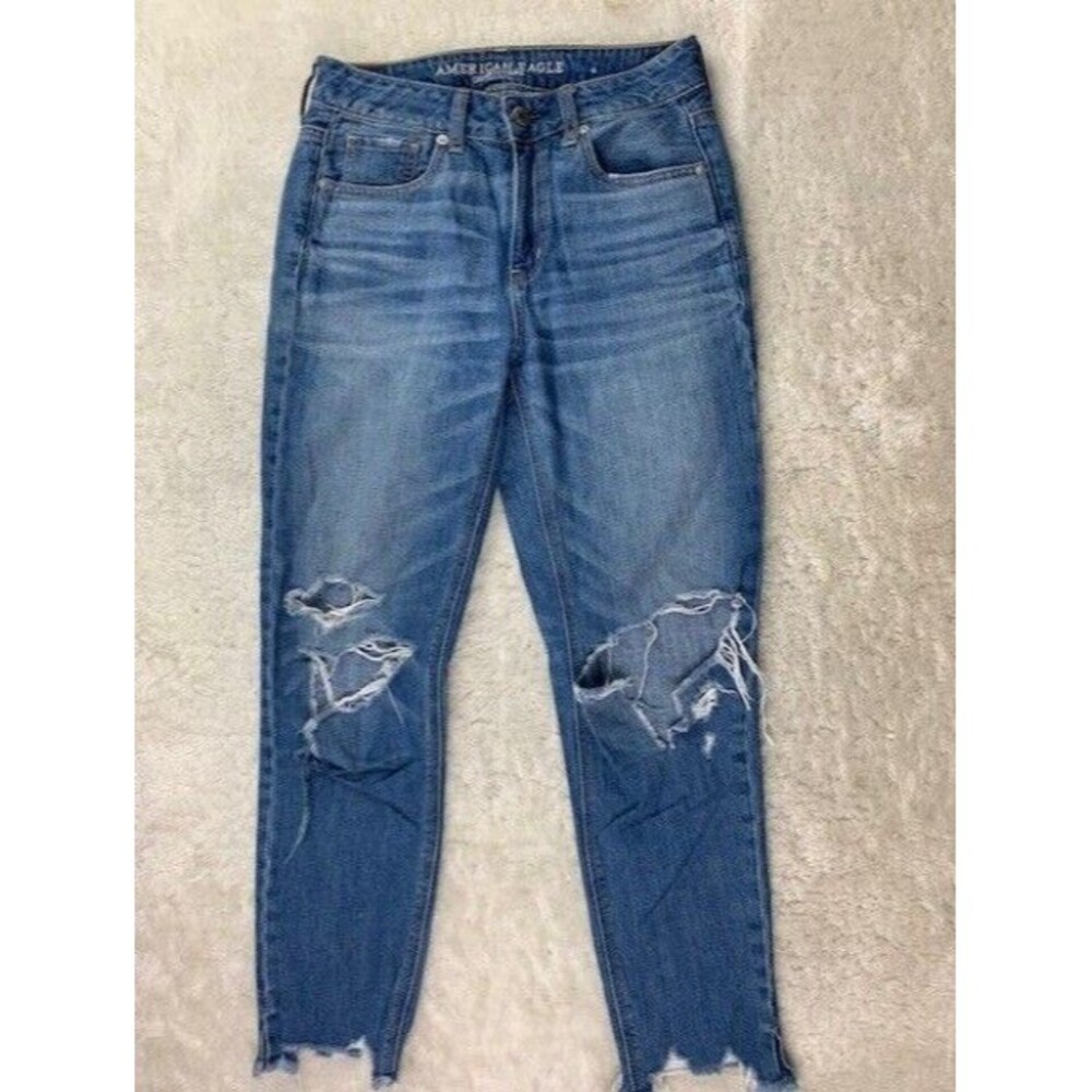 American Eagle Size 0 Womens Jeans Hi Rise Tom Girl Destroyed Skinny Raw Hem